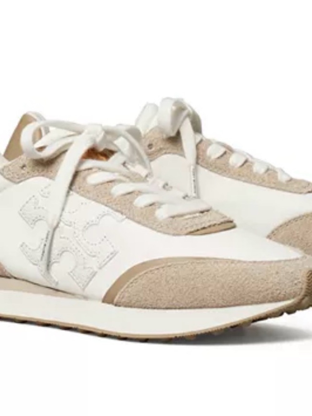 Tory Burch White and Taupe Suede-Trim Sneakers